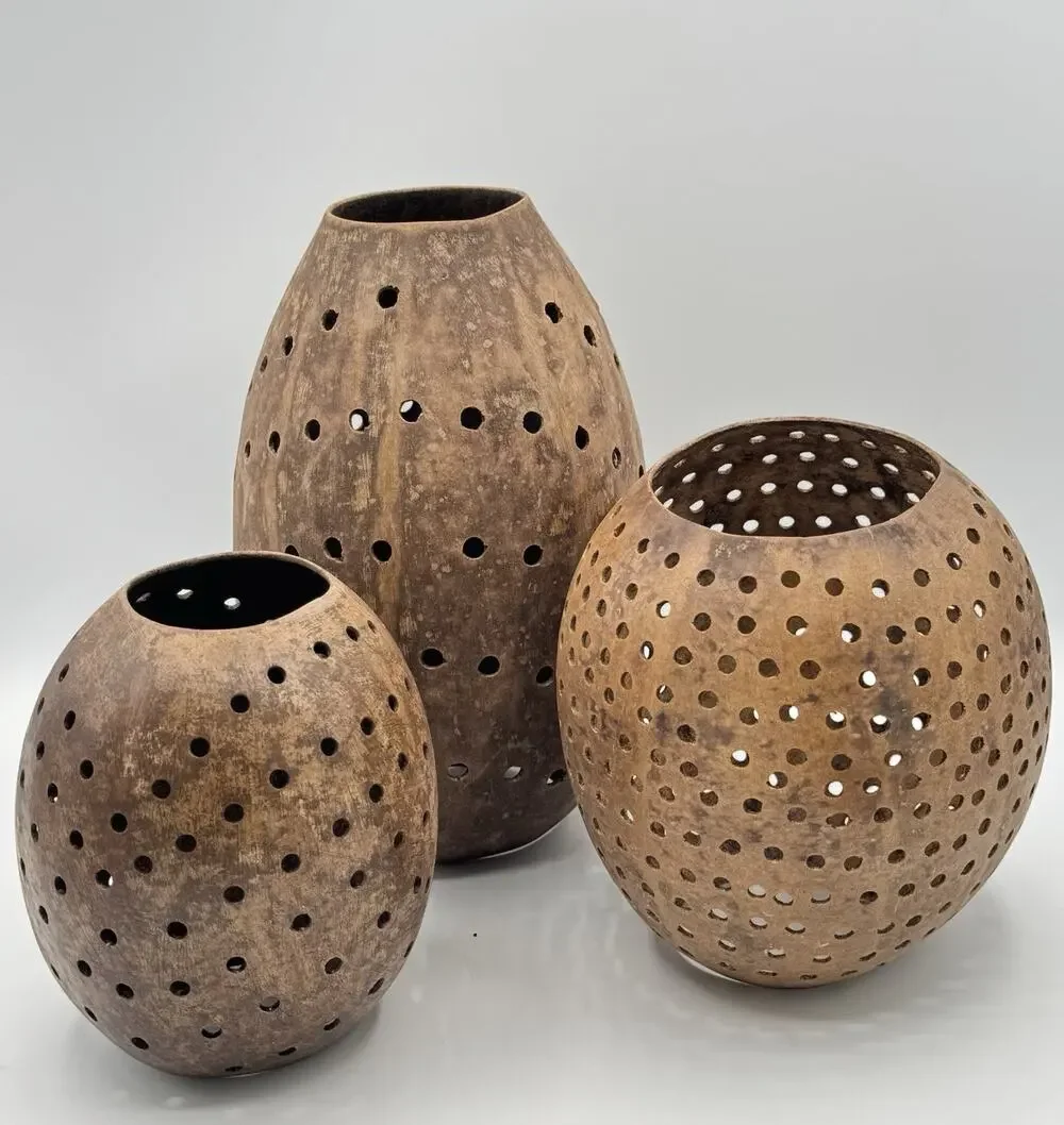 3 Piece Coconut Shell Candle Holders Set Hollow Pierced Handmade Natural Rustic